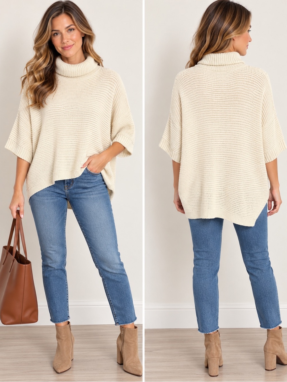 Free People S Ivory 100% Cotton Oversized Turtleneck Sweater Chunky Knit